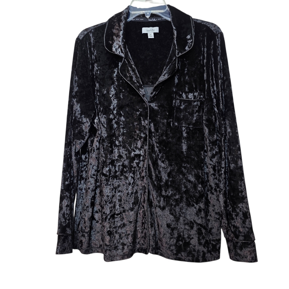 Nicole Miller Black Velvet Top Shirt Button Front Pocket size XL EUC